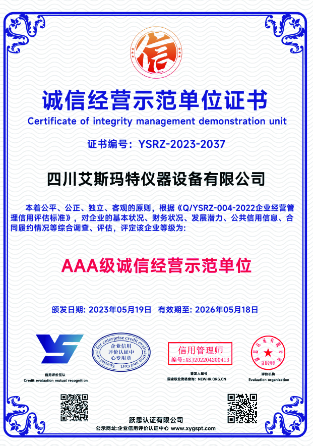 诚信经营示范单位证书